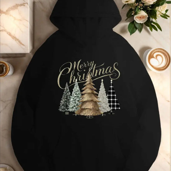 Plus Size Christmas Tree Hoodie For Women, Casual Style, Geometric Pattern,With Pocket Detail, For Fall Winter Season Hooded Sweatshirt