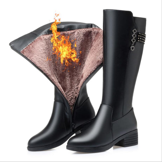 Plush wool medium thick sole leather boot lady