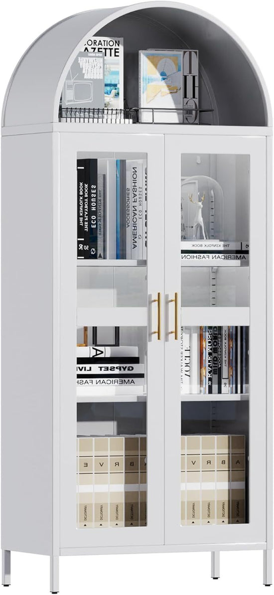 73 In Tall Metal Arched Cabinet, Kitchen Pantry Cabinet With Glass Door, Modern Farmhouse Arched Bookcase With 2 Adjustable Shelves For Dining Room And Living Room, White, Assembly Required